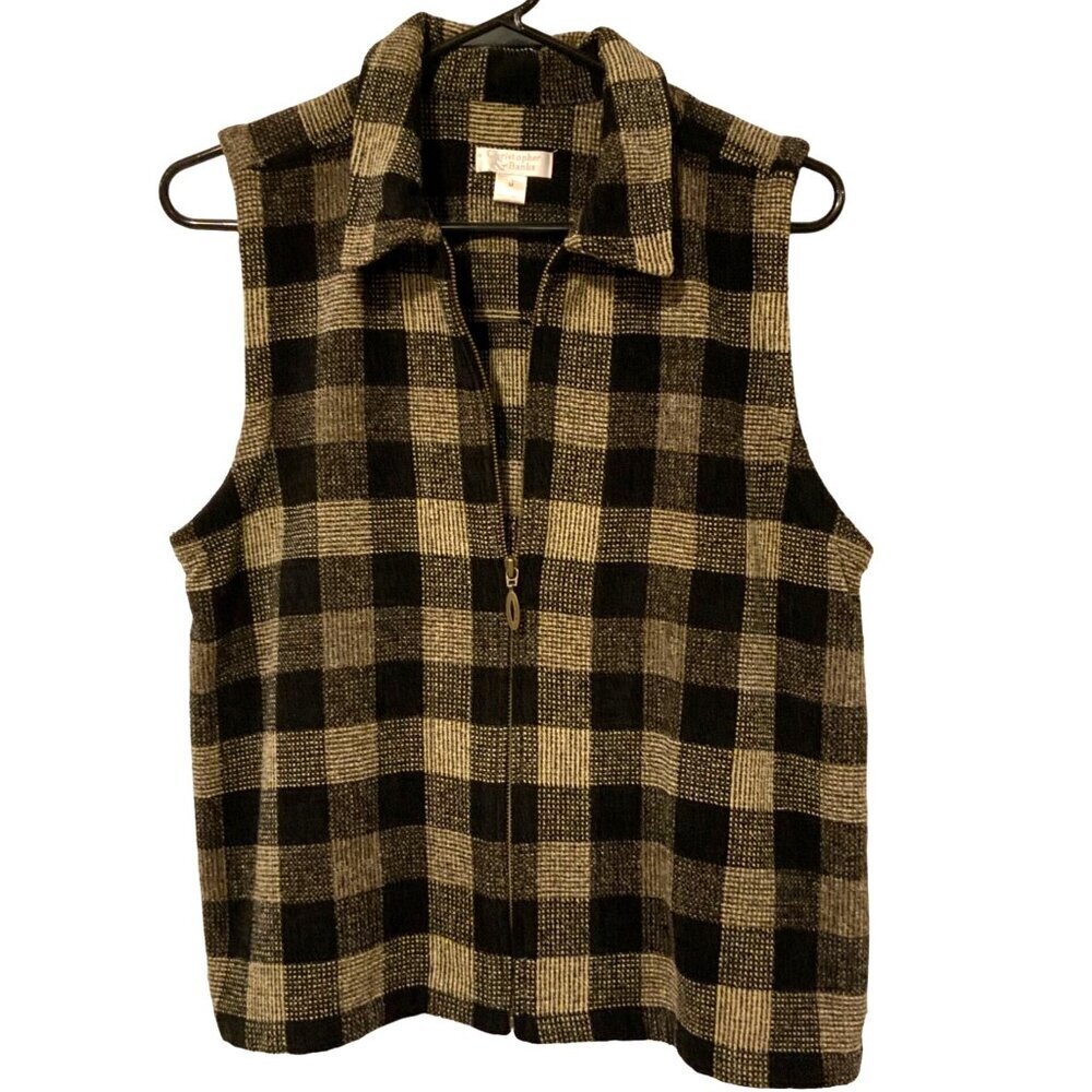 Christopher Banks Women's med Beige/black buffalo plaid sleeveless vest zipper d